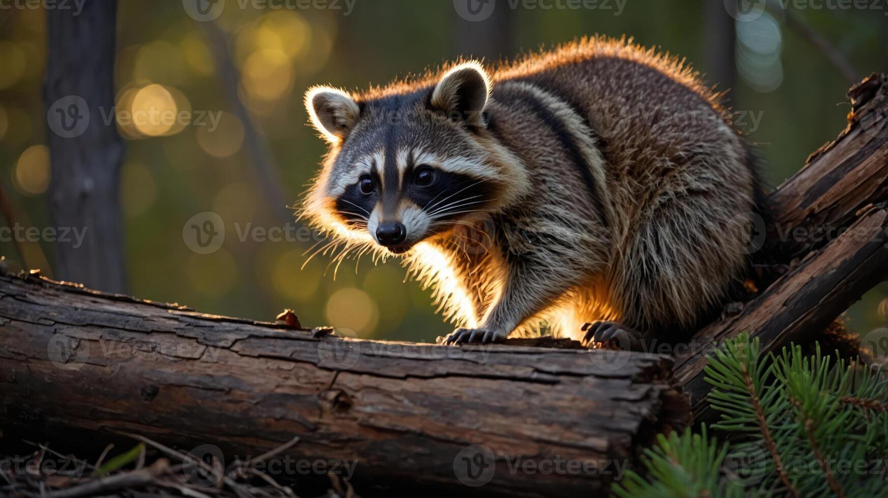 A raccoon perched on a log in a forest, illuminated by soft, natural light. photo