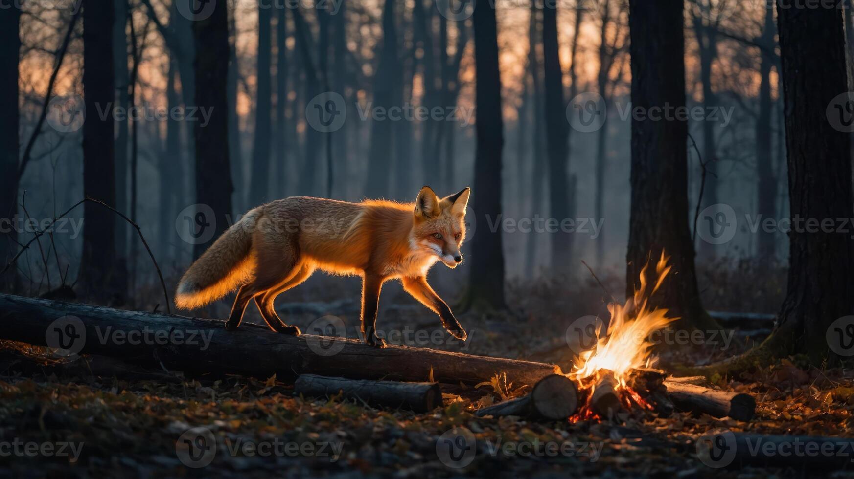A fox walks near a campfire in a misty forest at dusk. photo