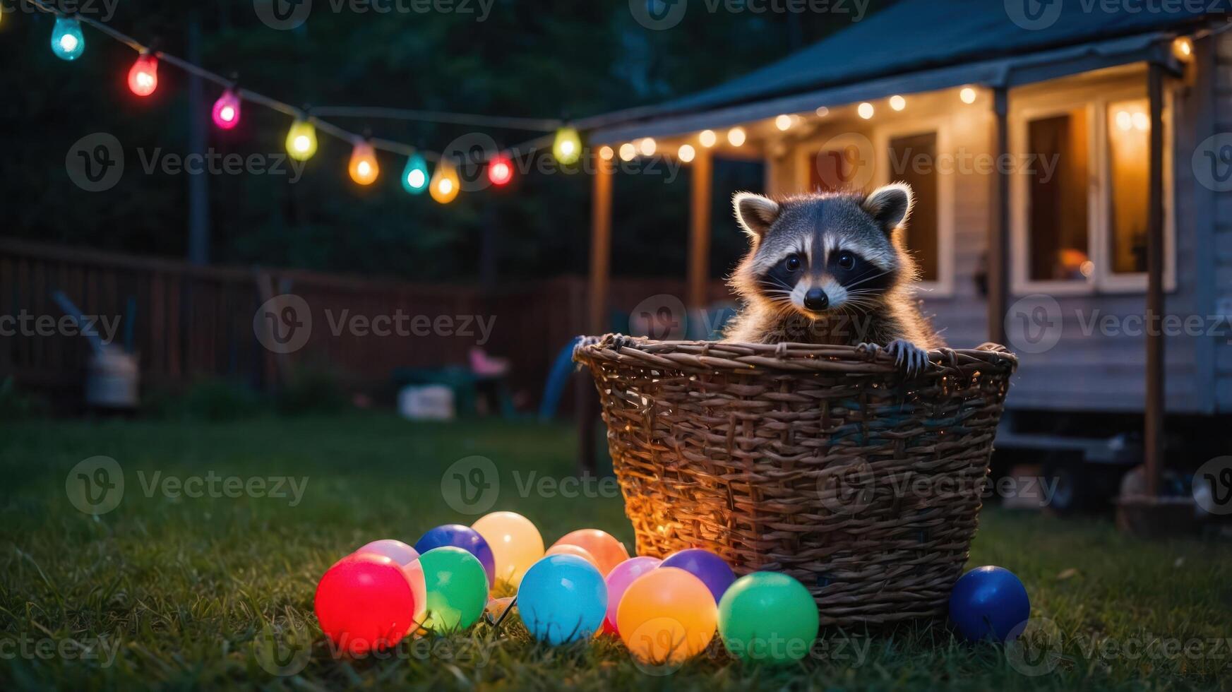 A raccoon peeks out of a basket surrounded by colorful balls and string lights at dusk. photo