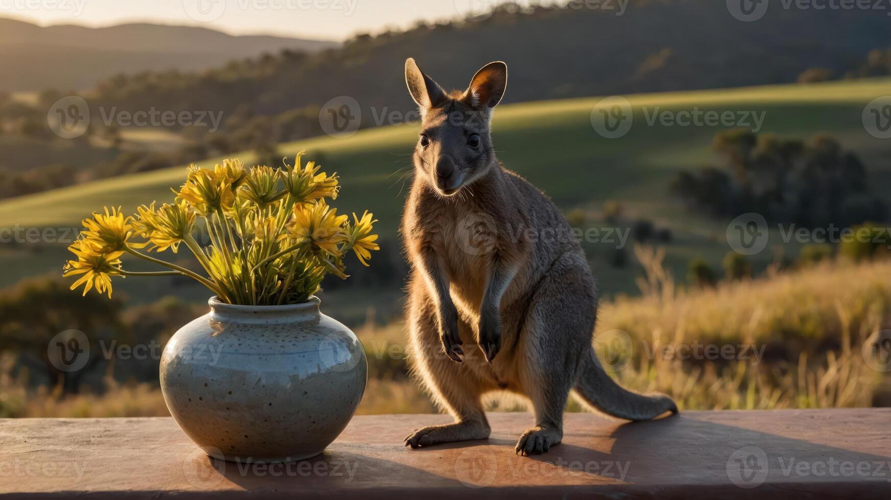 A kangaroo stands beside a vase of flowers against a scenic landscape backdrop. photo