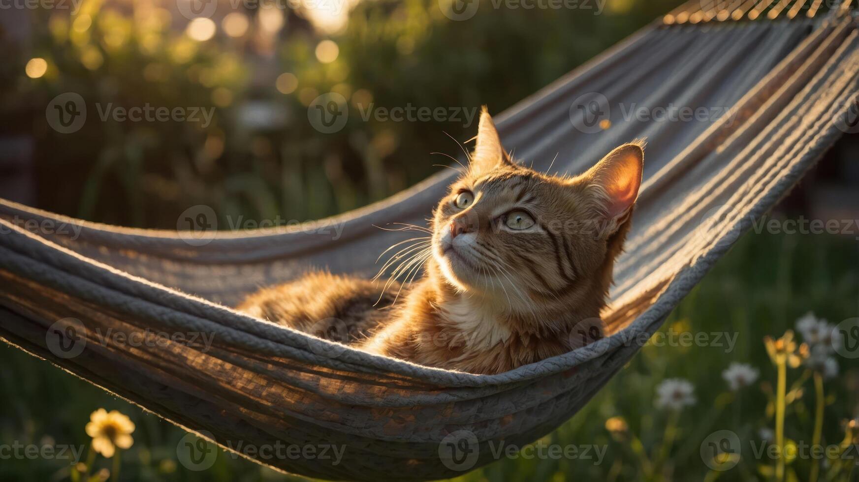 A cat lounging in a hammock, enjoying a peaceful moment in nature during golden hour. photo