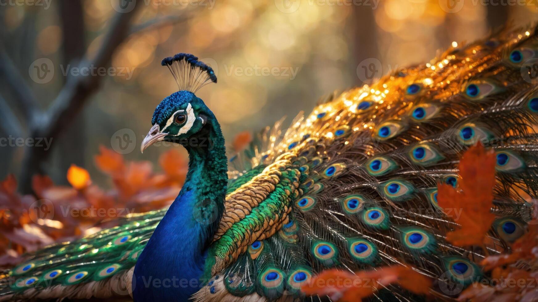 A vibrant peacock displaying its colorful feathers in a serene autumn setting. photo