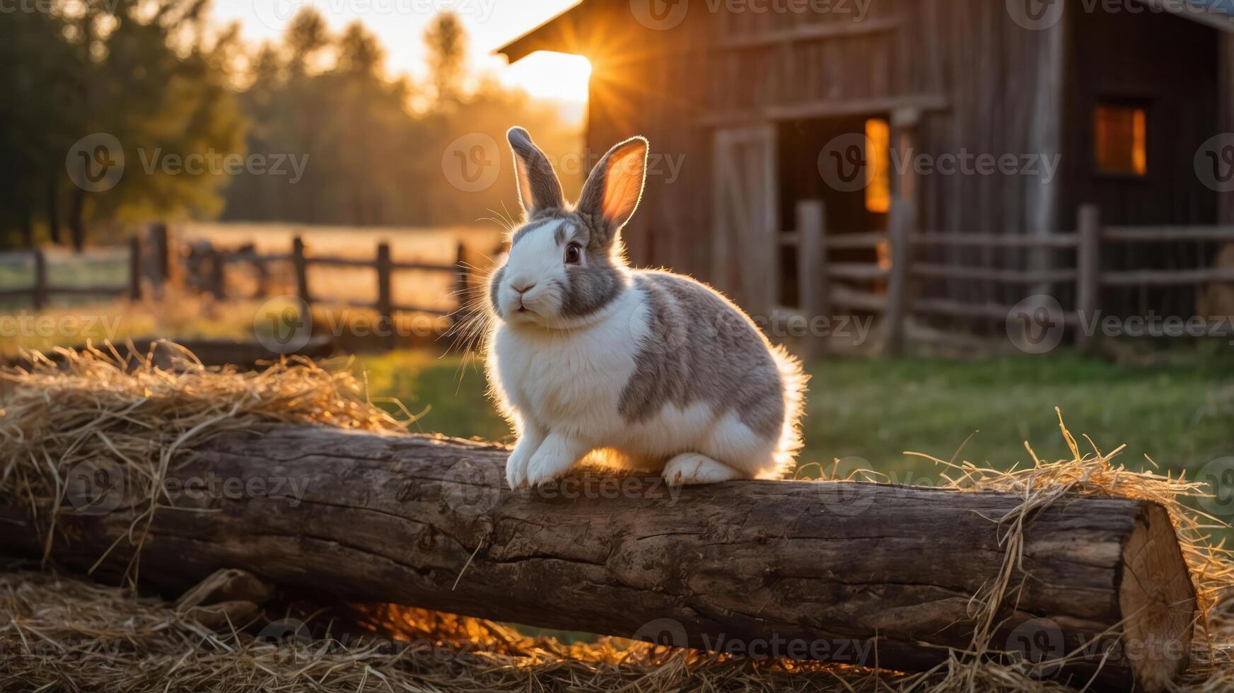 A rabbit perched on a log in a serene farm setting at sunset. photo
