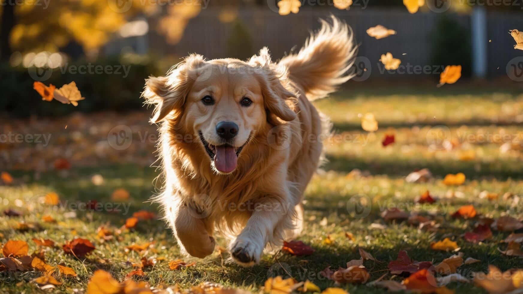 A joyful dog running through a field of autumn leaves, capturing a playful moment. photo