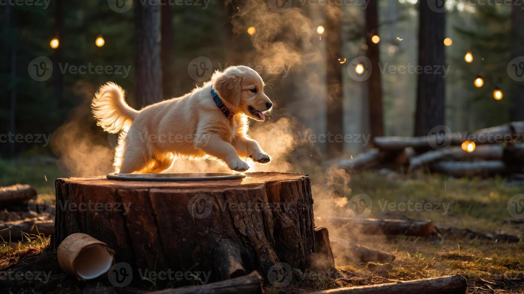 A playful golden retriever puppy leaps joyfully on a tree stump in a misty forest setting. photo