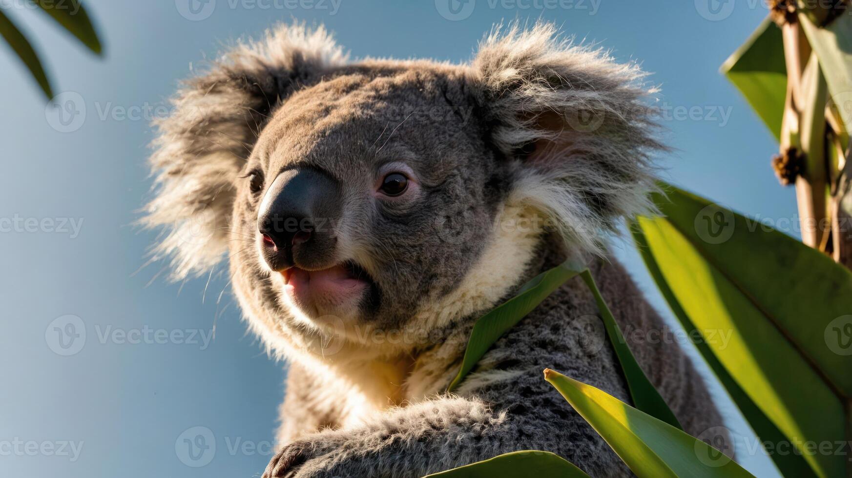 A close-up of a koala resting among green leaves against a blue sky. photo