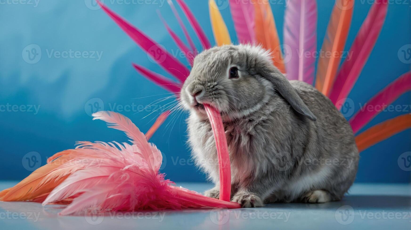 A cute rabbit playfully chewing on colorful feathers against a blue backdrop. photo