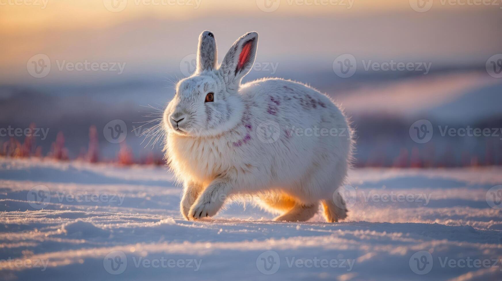 A snow-covered rabbit hops through a winter landscape at sunset. photo