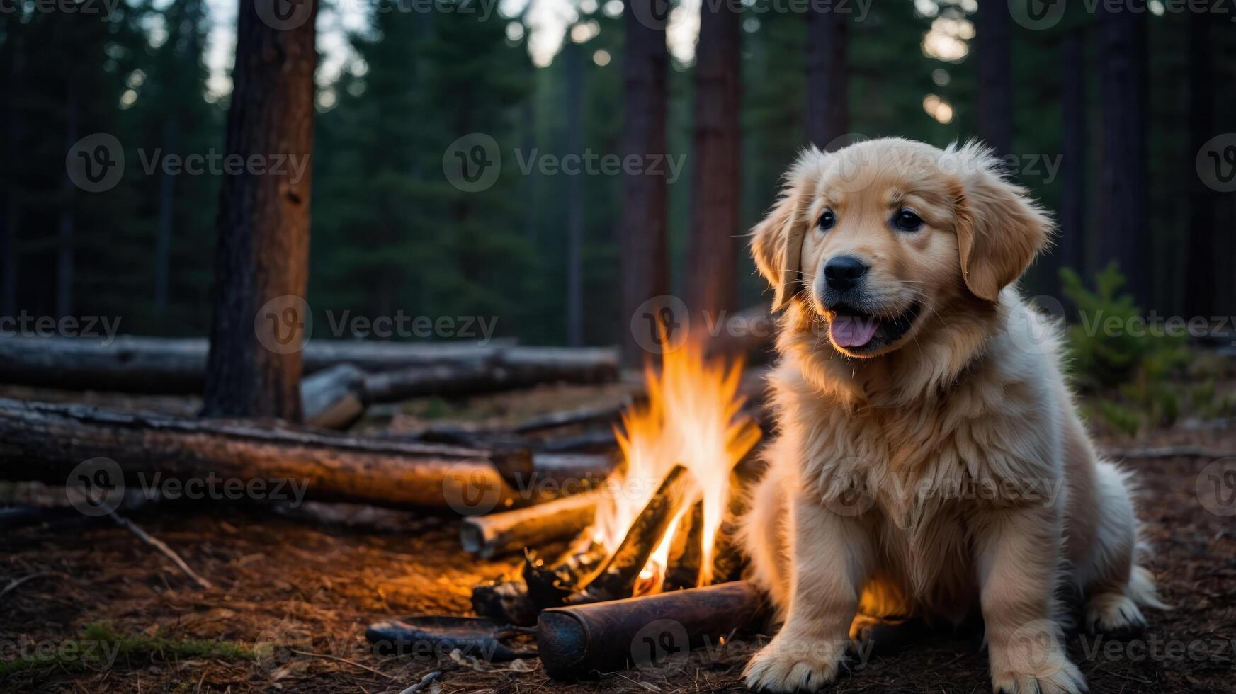 A playful golden retriever puppy sits beside a campfire in a serene forest setting. photo