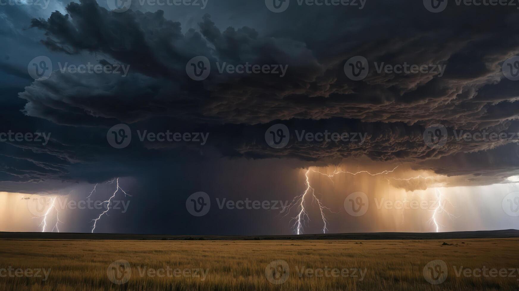 A dramatic storm scene with dark clouds, lightning, and a vast grassland. photo