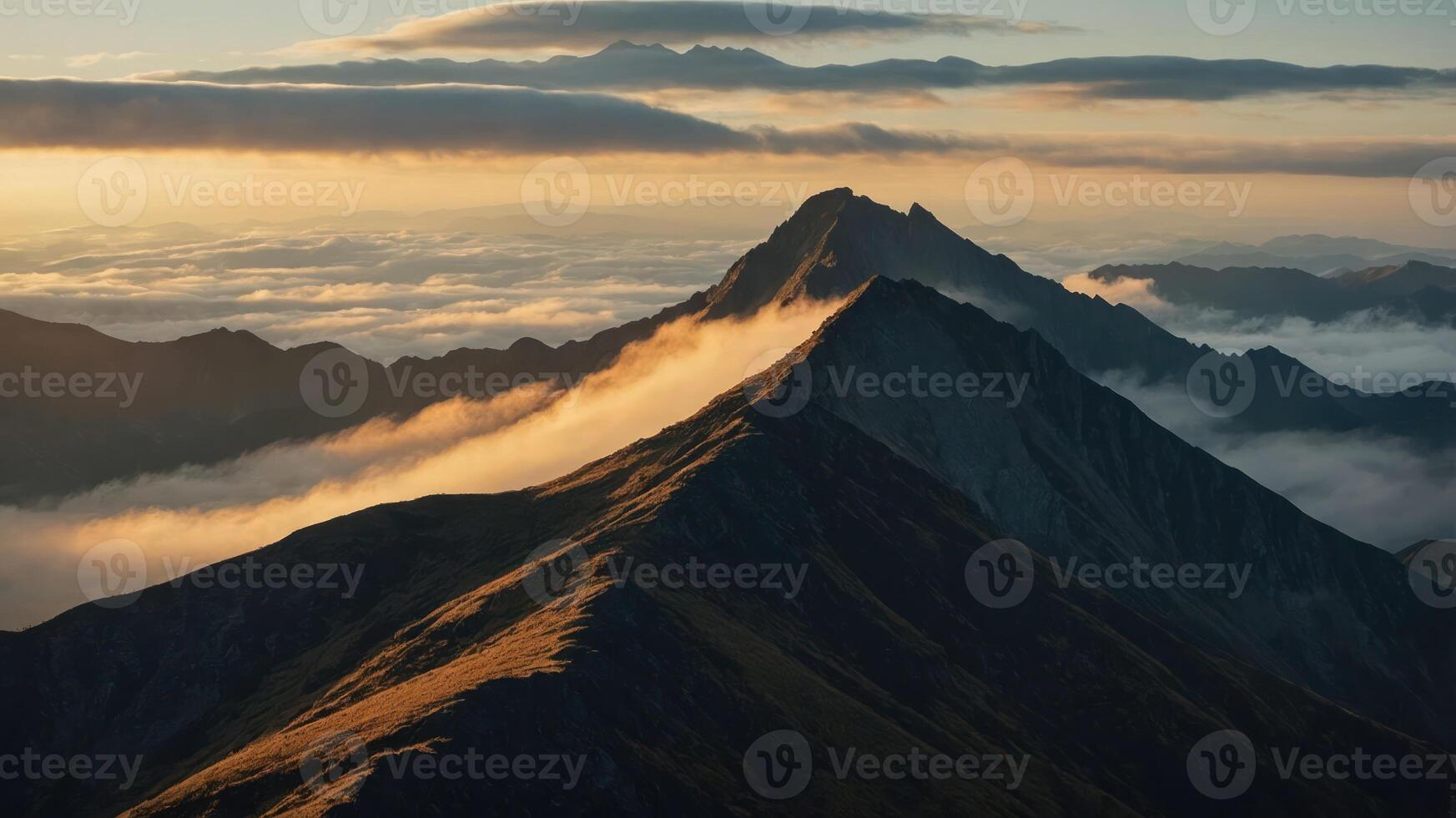 Majestic mountain landscape at sunset with clouds and dramatic lighting. photo