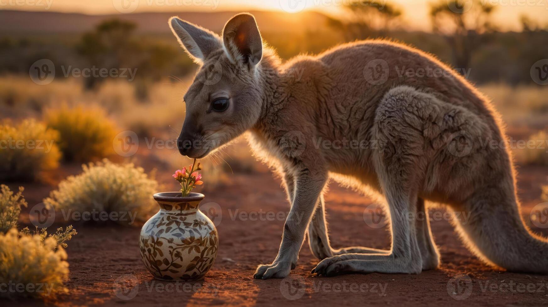 A kangaroo curiously inspects a decorative vase with a flower in a serene landscape. photo