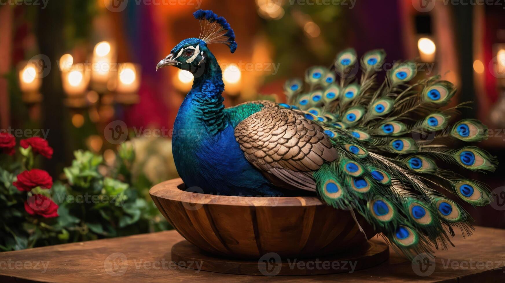 A vibrant peacock displaying its feathers in a wooden bowl, surrounded by flowers and soft lighting. photo