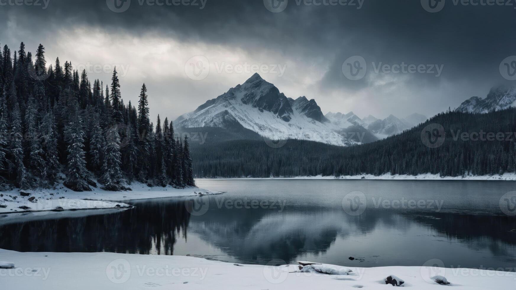 A serene winter landscape featuring a snow-covered mountain and reflective lake under a cloudy sky. photo