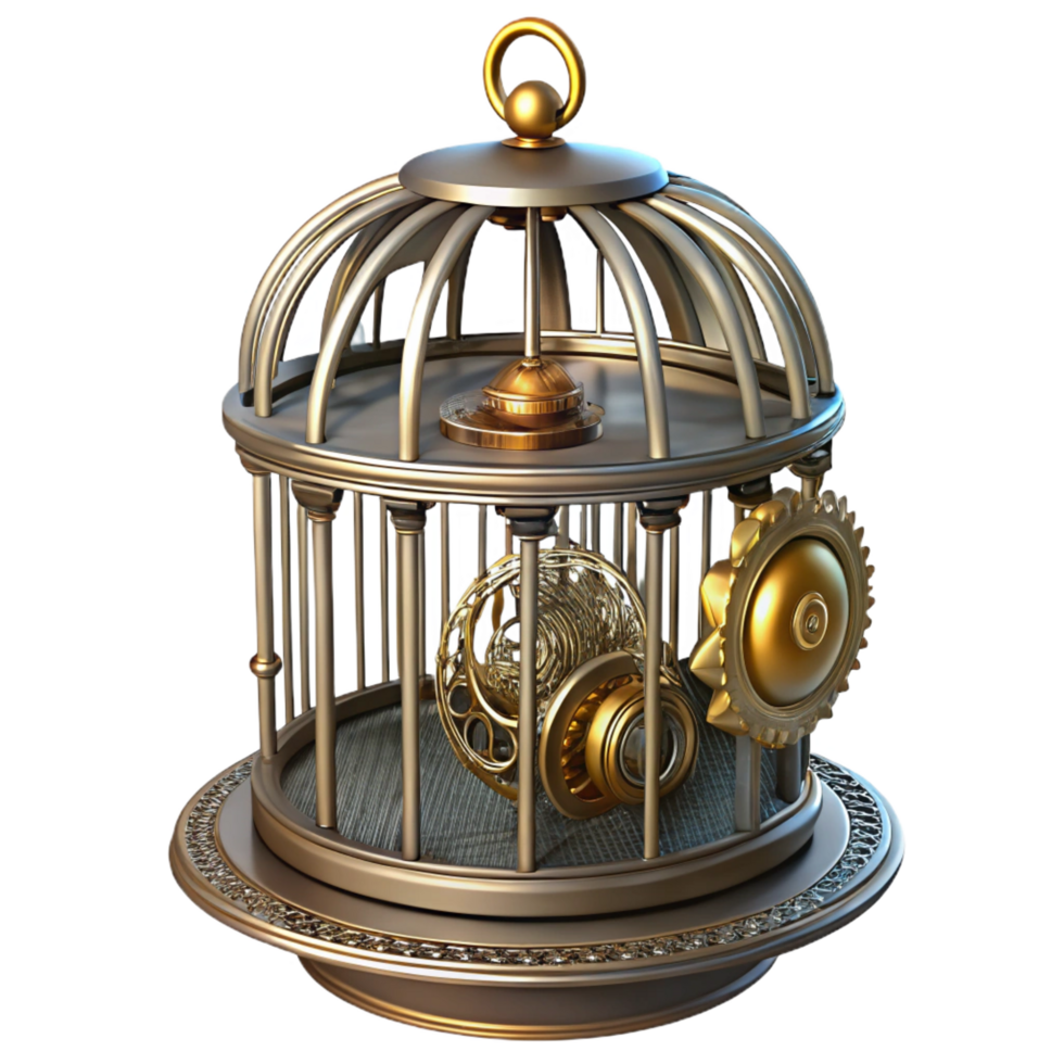 extraordinary bohemian Steampunk birdcage with intricate metalwork and clockwork elements. NO BACKGROUND with Transparent Background. detailed png