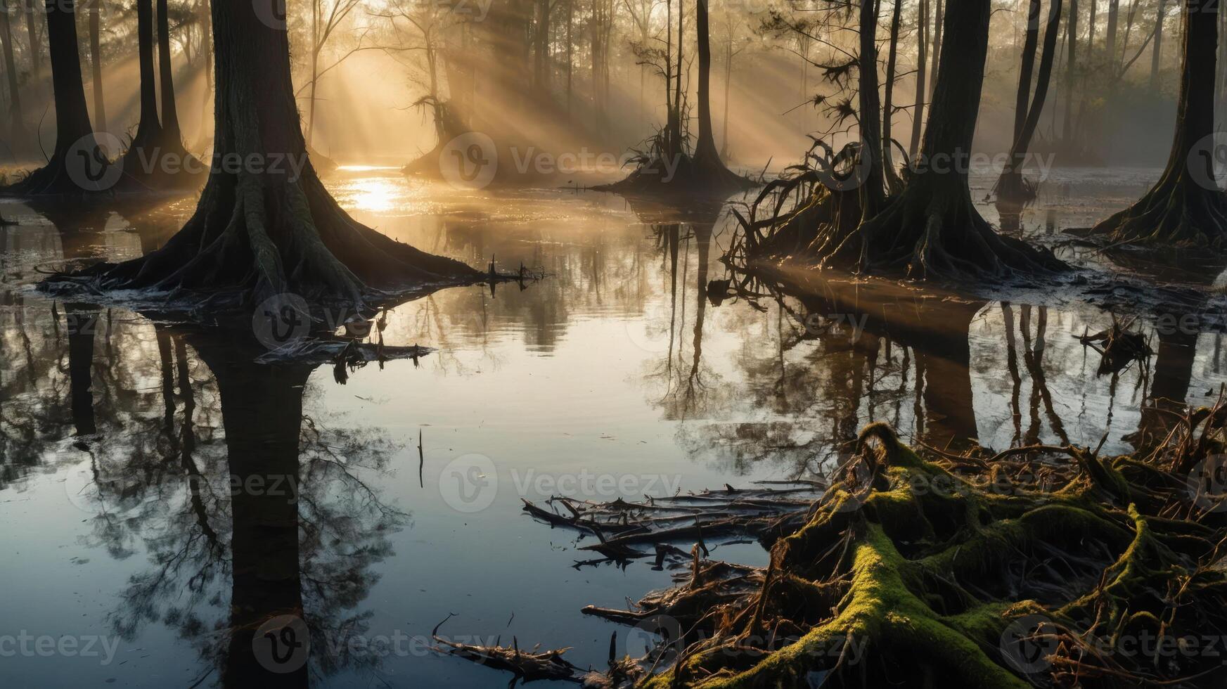 Misty forest scene with sunlight filtering through trees, reflecting in calm water. photo