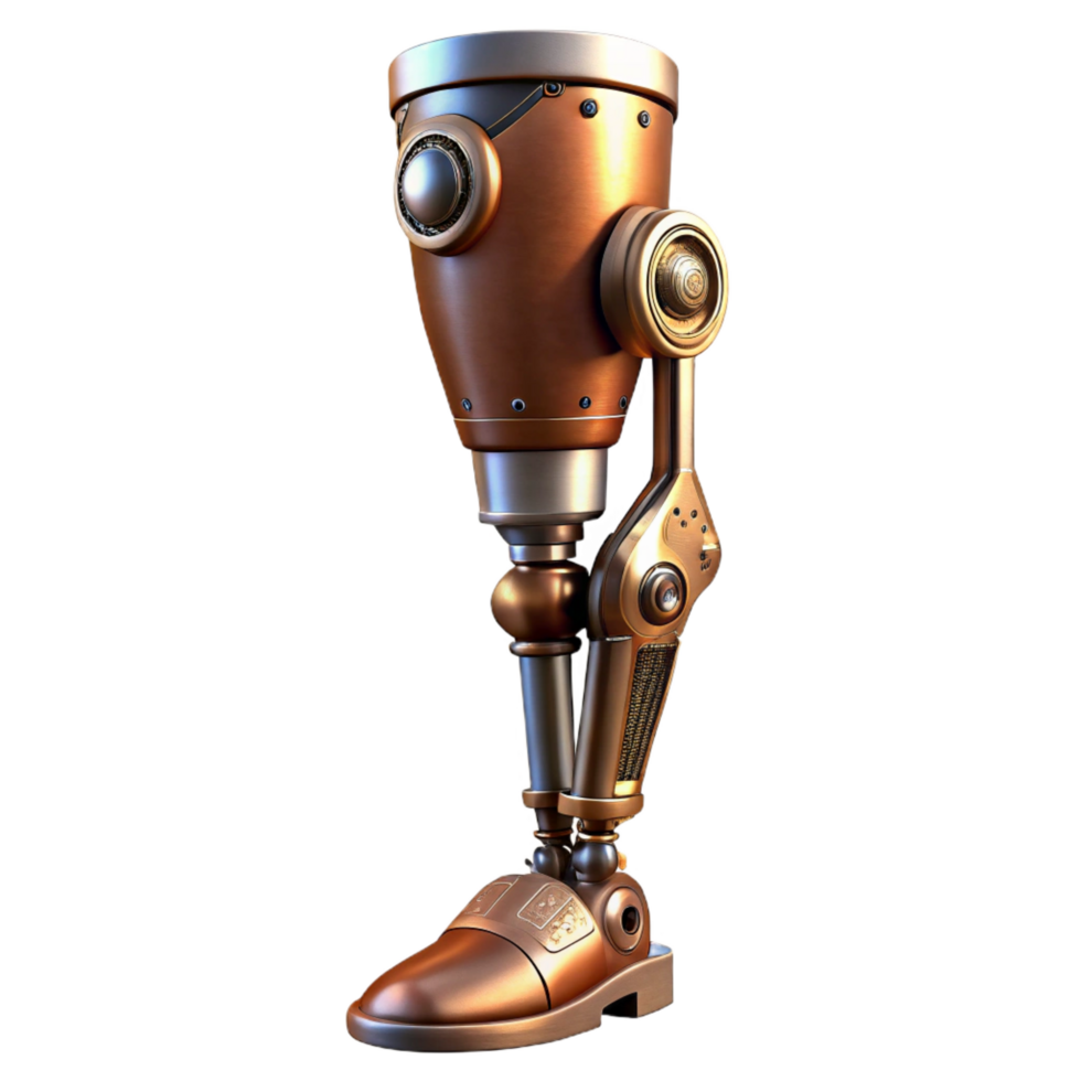 ethereal magnificent Steampunk prosthetic leg with articulated joints and metal plating. NO BACKGROUND with Transparent Background. expertly shot png