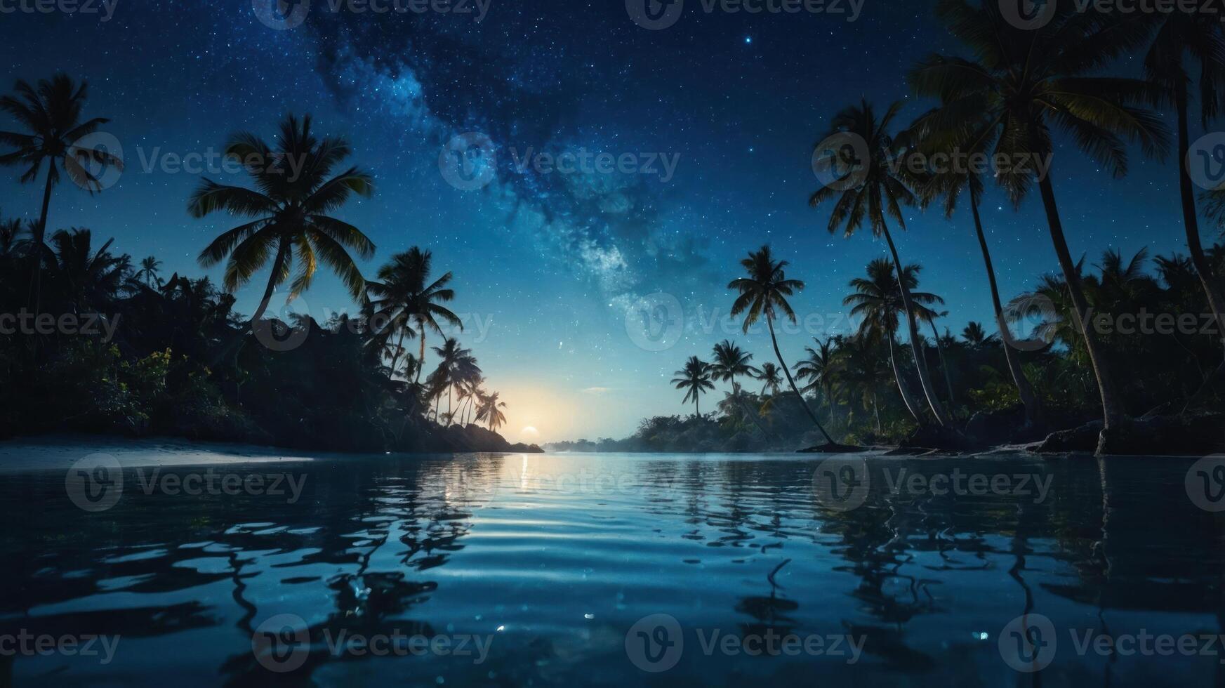 A serene night landscape featuring a calm river, palm trees, and a starry sky. photo