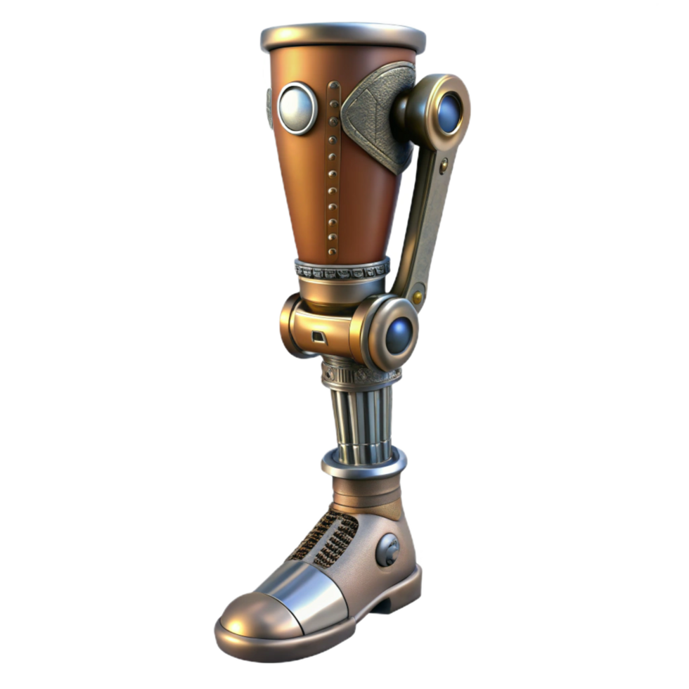impressive dynamic coastal Steampunk prosthetic leg with articulated joints and metal plating. NO BACKGROUND with Transparent Background. fine detail png