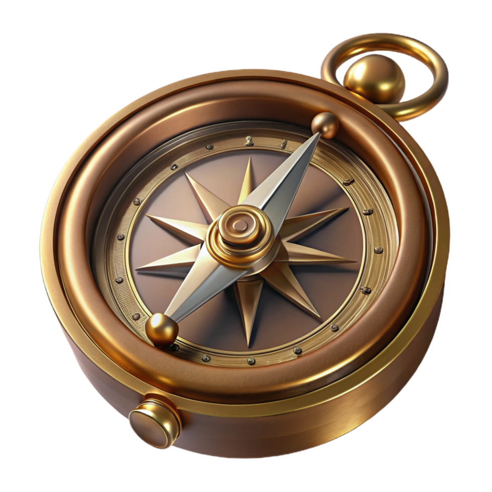 gorgeous rare Steampunk compass with ornate brass casing and rotating needle. NO BACKGROUND with Transparent Background. png