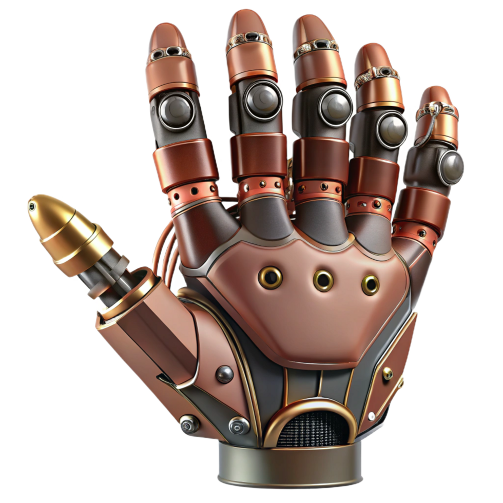 fascinating exemplary Steampunk robotic hand with articulated fingers and exposed wiring. NO BACKGROUND with Transparent Background. png