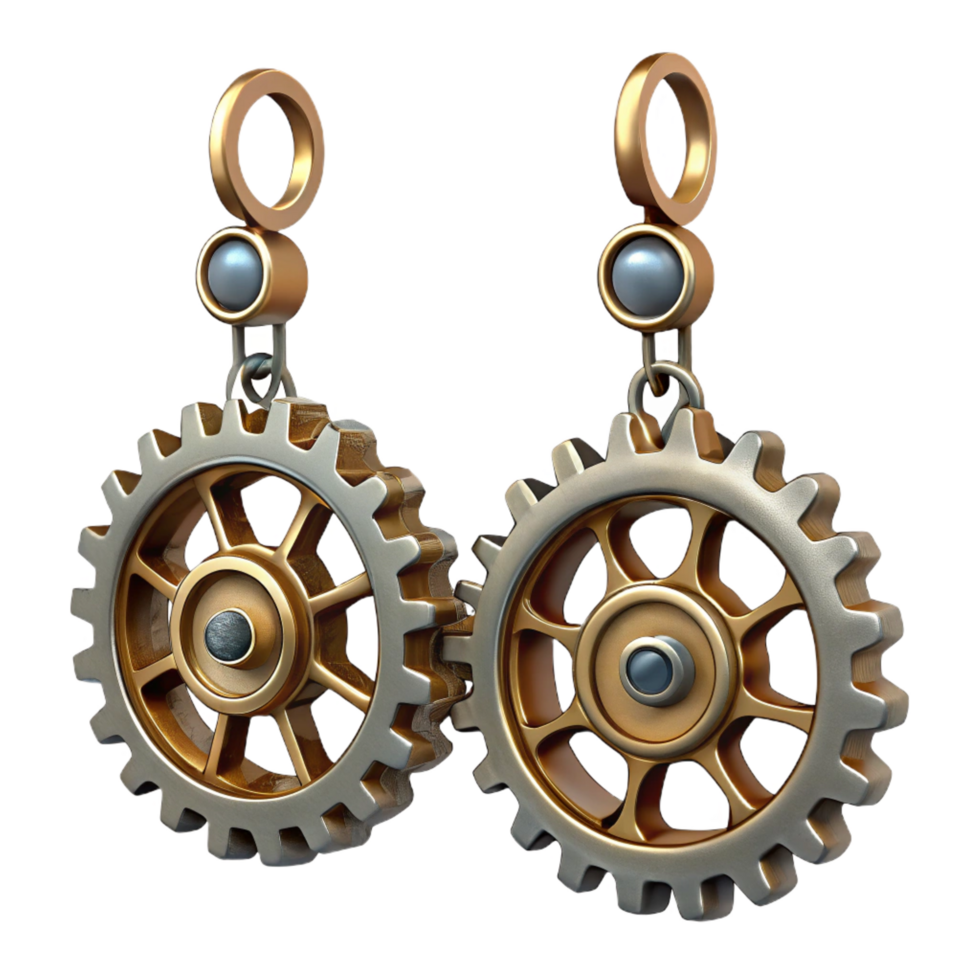 enchanting celebrated Steampunk earrings with dangling gears and intricate designs. NO BACKGROUND with Transparent Background. png