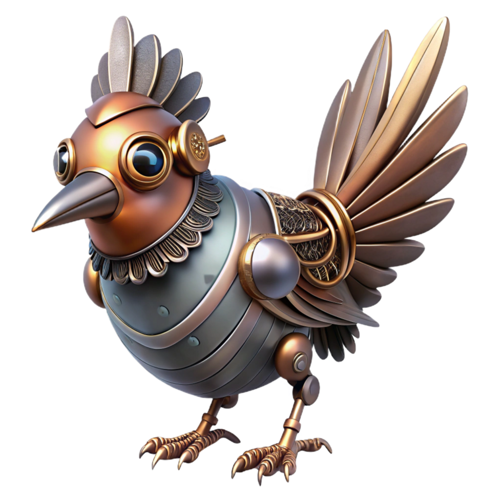 glorious distinguished Steampunk bird with metal feathers and clockwork mechanisms. NO BACKGROUND with Transparent Background. png