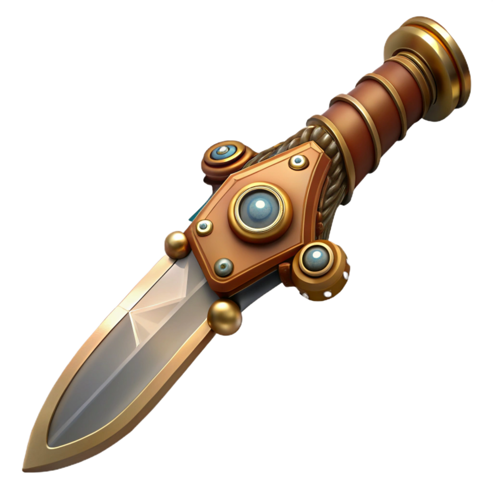 hypnotic classic Steampunk knife with ornate handle and retractable blade. NO BACKGROUND with Transparent Background. studio quality png