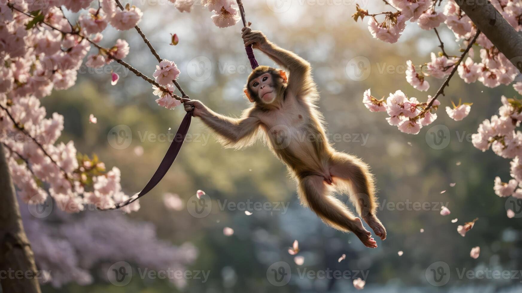 A playful monkey swings from a branch adorned with blooming cherry blossoms. photo