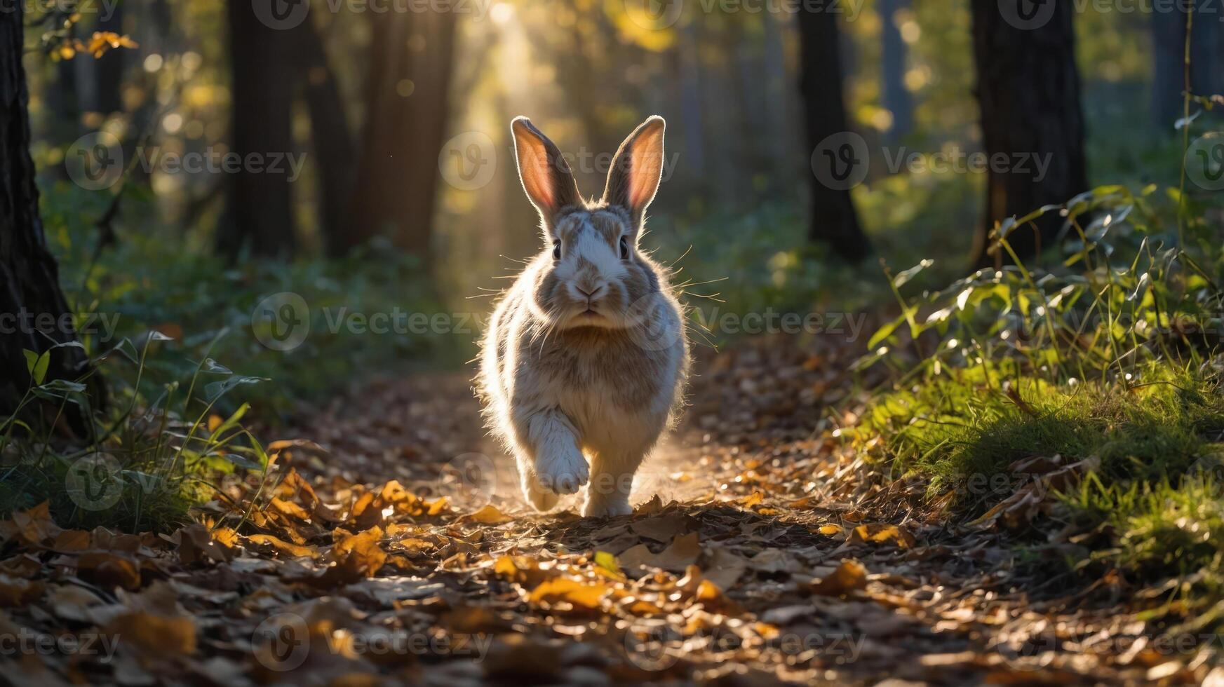 A rabbit runs along a sunlit forest path, surrounded by autumn leaves and trees. photo