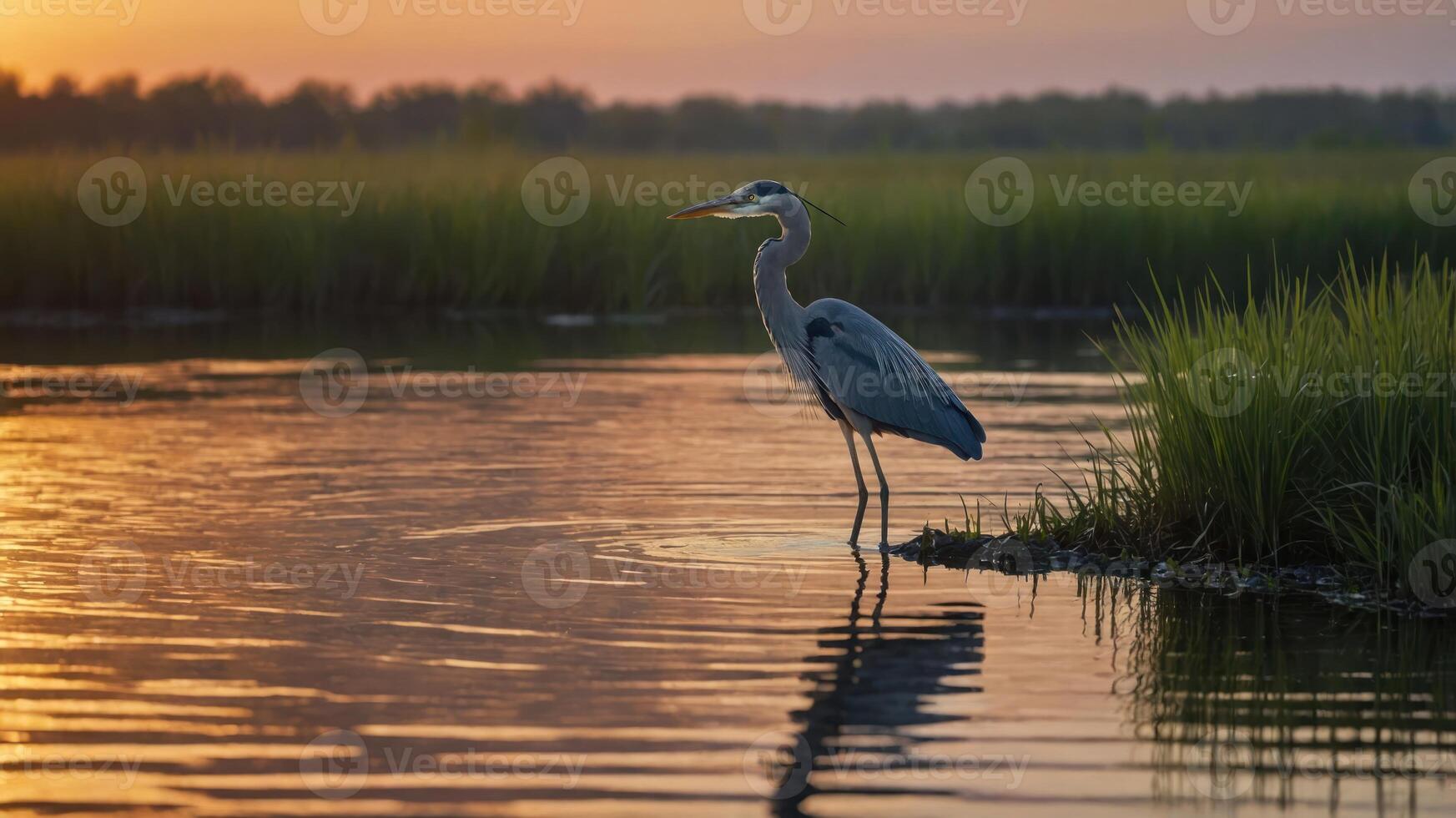 A heron stands by the water at sunset, surrounded by lush greenery. photo