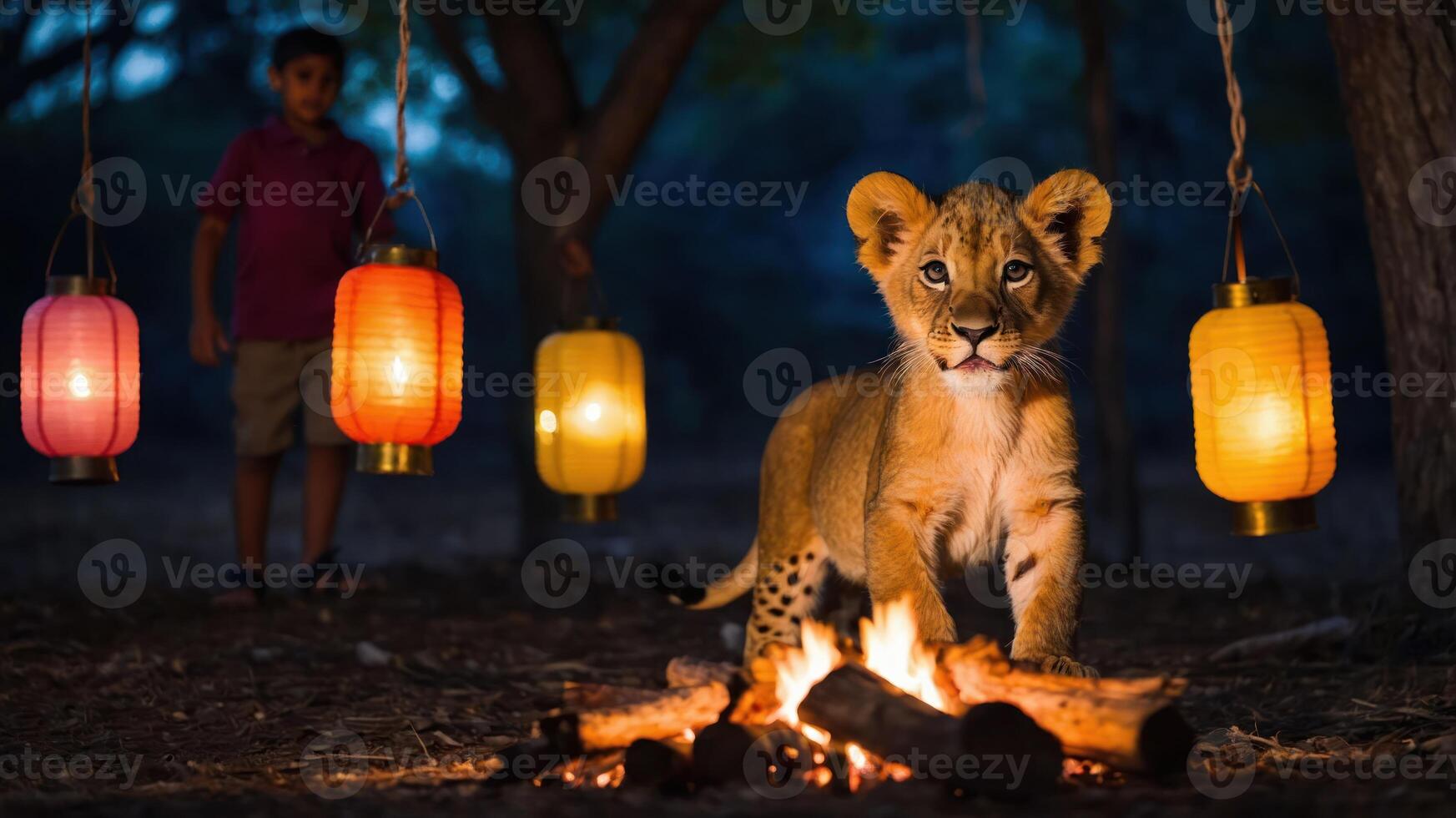 A lion cub stands near a campfire, with colorful lanterns hanging in the trees. photo