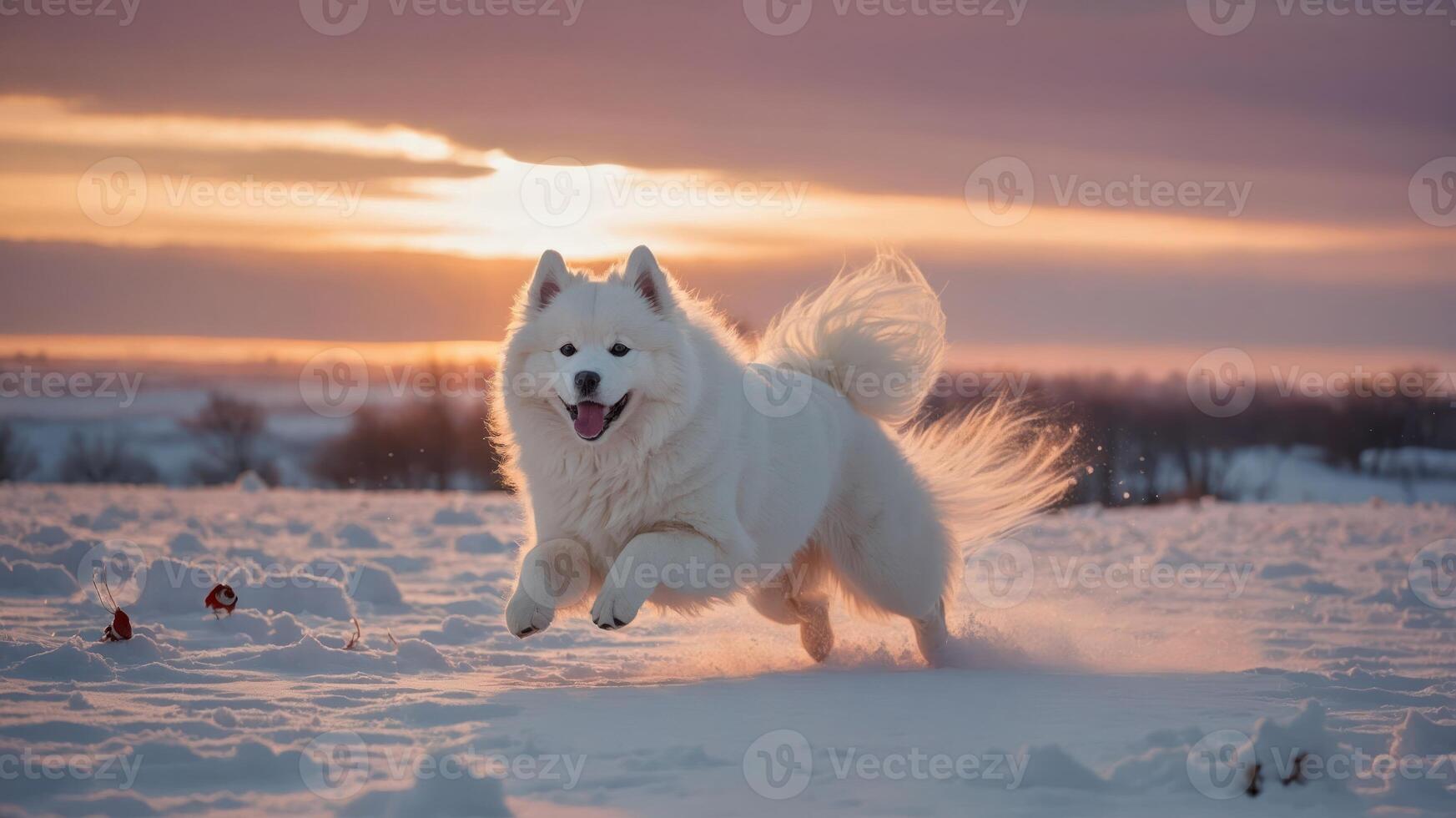 A joyful dog runs through the snow at sunset, capturing a moment of pure happiness. photo
