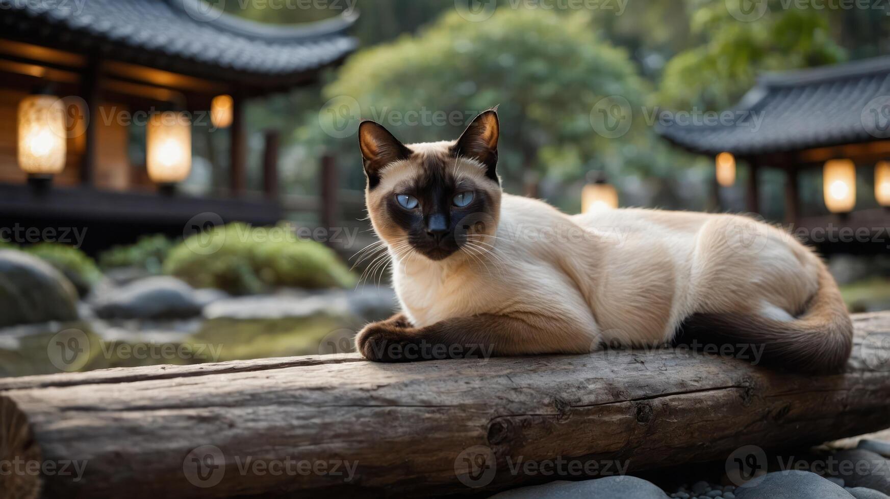 A Siamese cat lounging on a log near a serene pond and traditional Asian architecture. photo