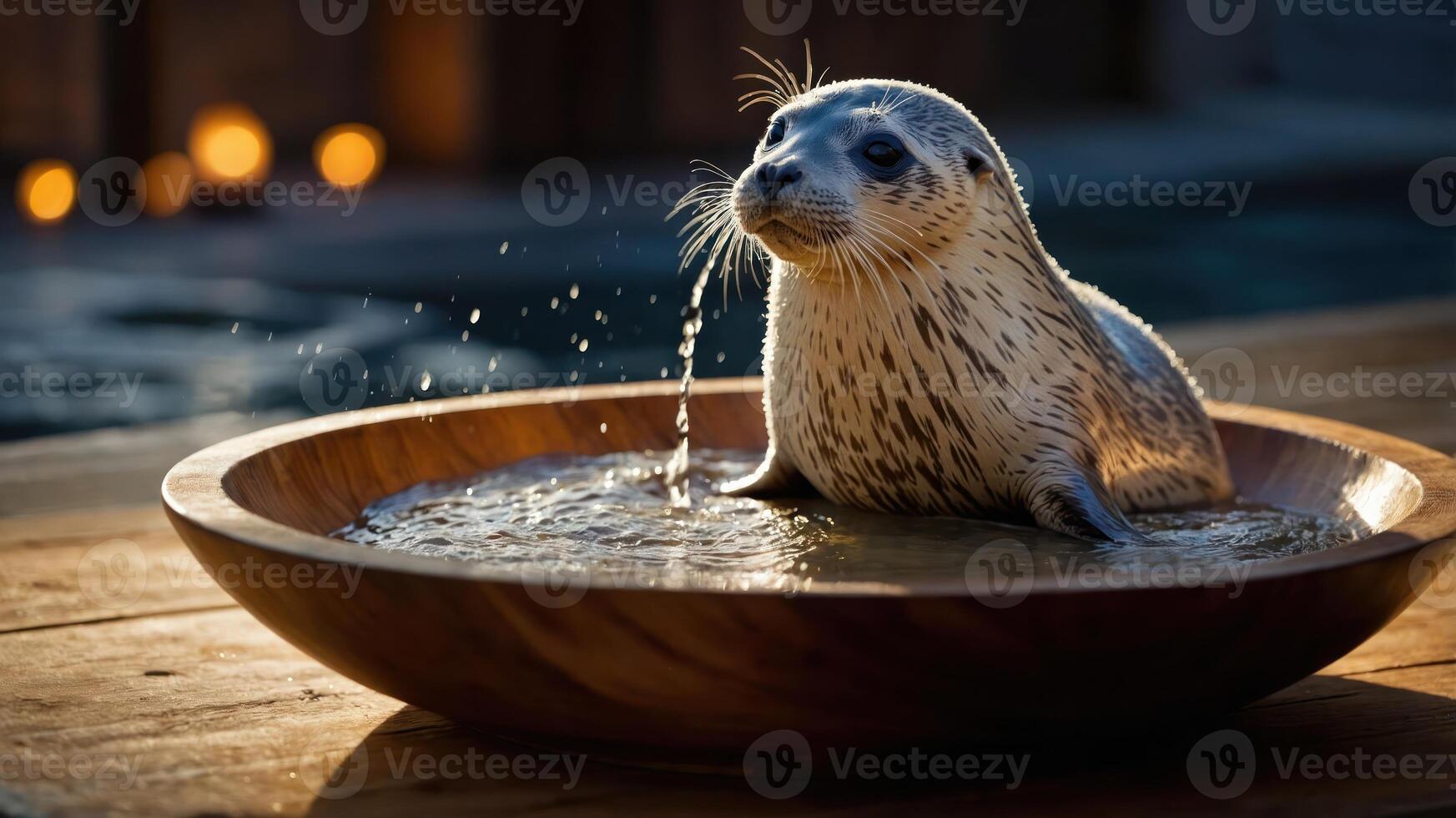 A seal playfully splashes water while resting in a wooden bowl. photo