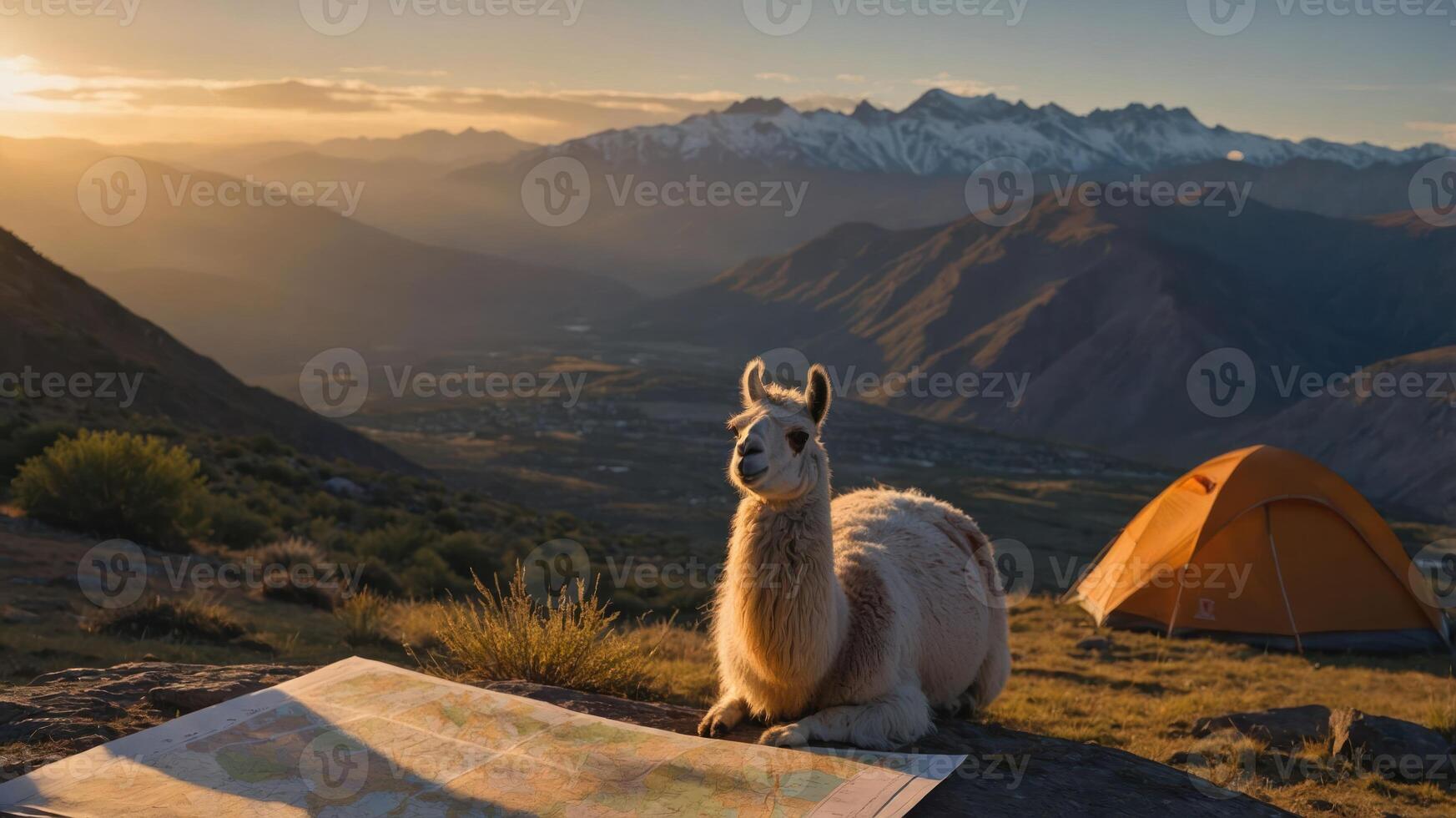 A llama rests beside a map at sunset, with mountains in the background and a tent nearby. photo