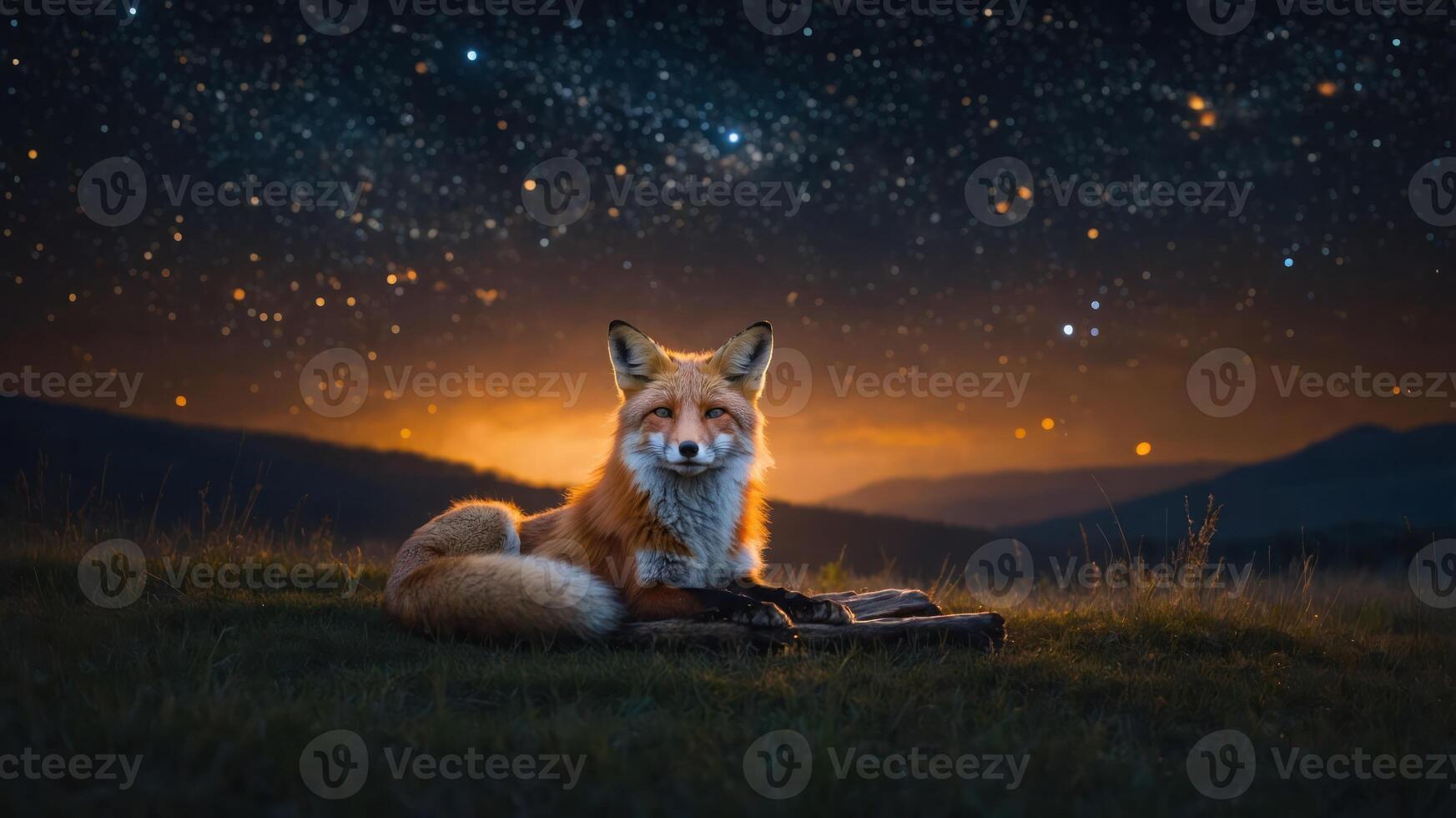 A serene fox resting in a starry night landscape with a glowing horizon. photo
