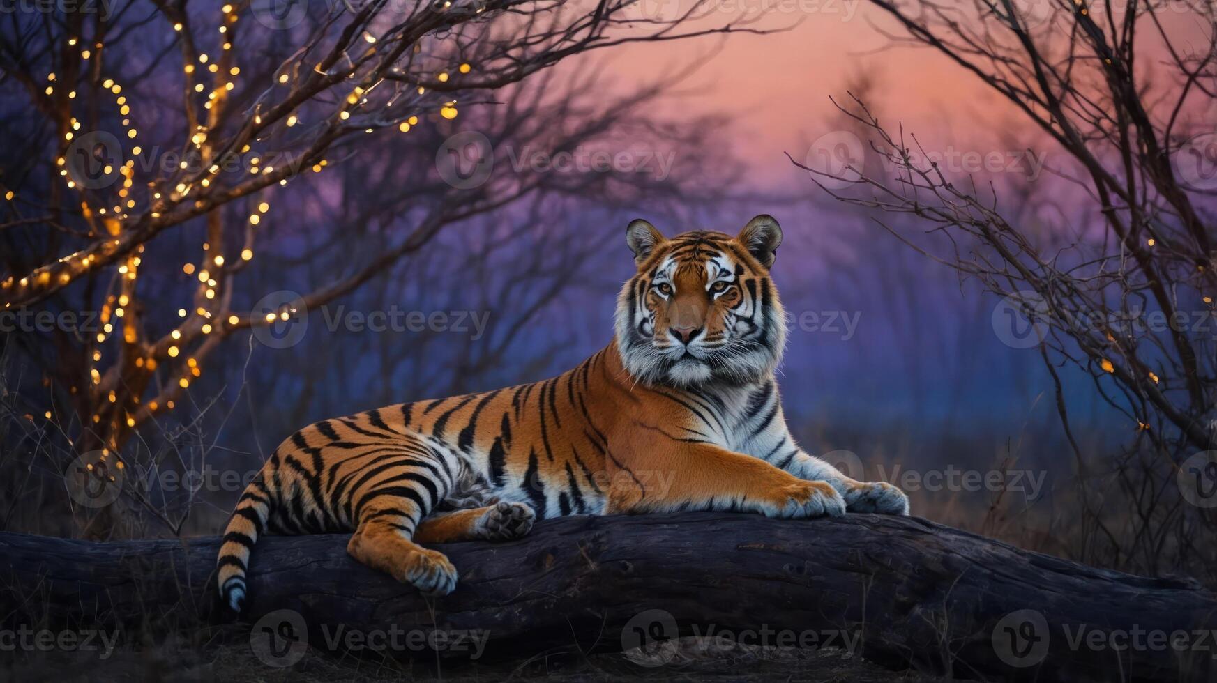 A serene tiger resting on a log amidst softly lit trees at dusk. photo