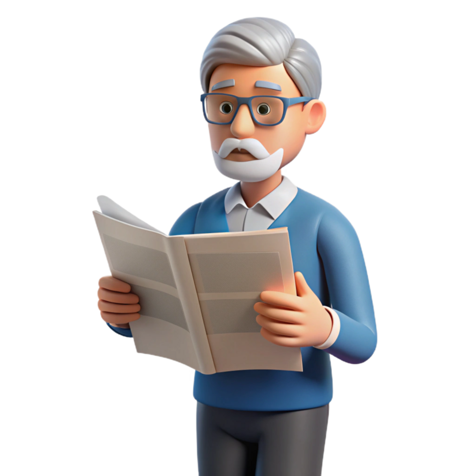 elegant dynamic artistic Senior man reading a newspaper just the man, NO BACKGROUND with Transparent Background. original png