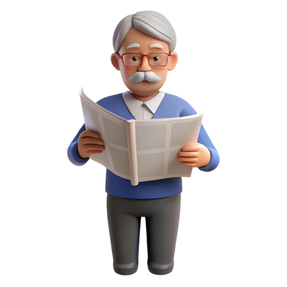 elegant mid-century Senior man reading a newspaper just the man, NO BACKGROUND with Transparent Background. detailed png