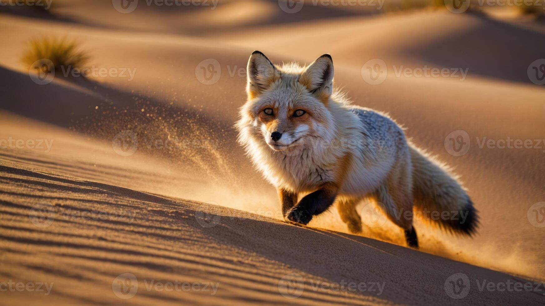 A fox sprinting across sandy dunes, showcasing agility and the beauty of nature. photo