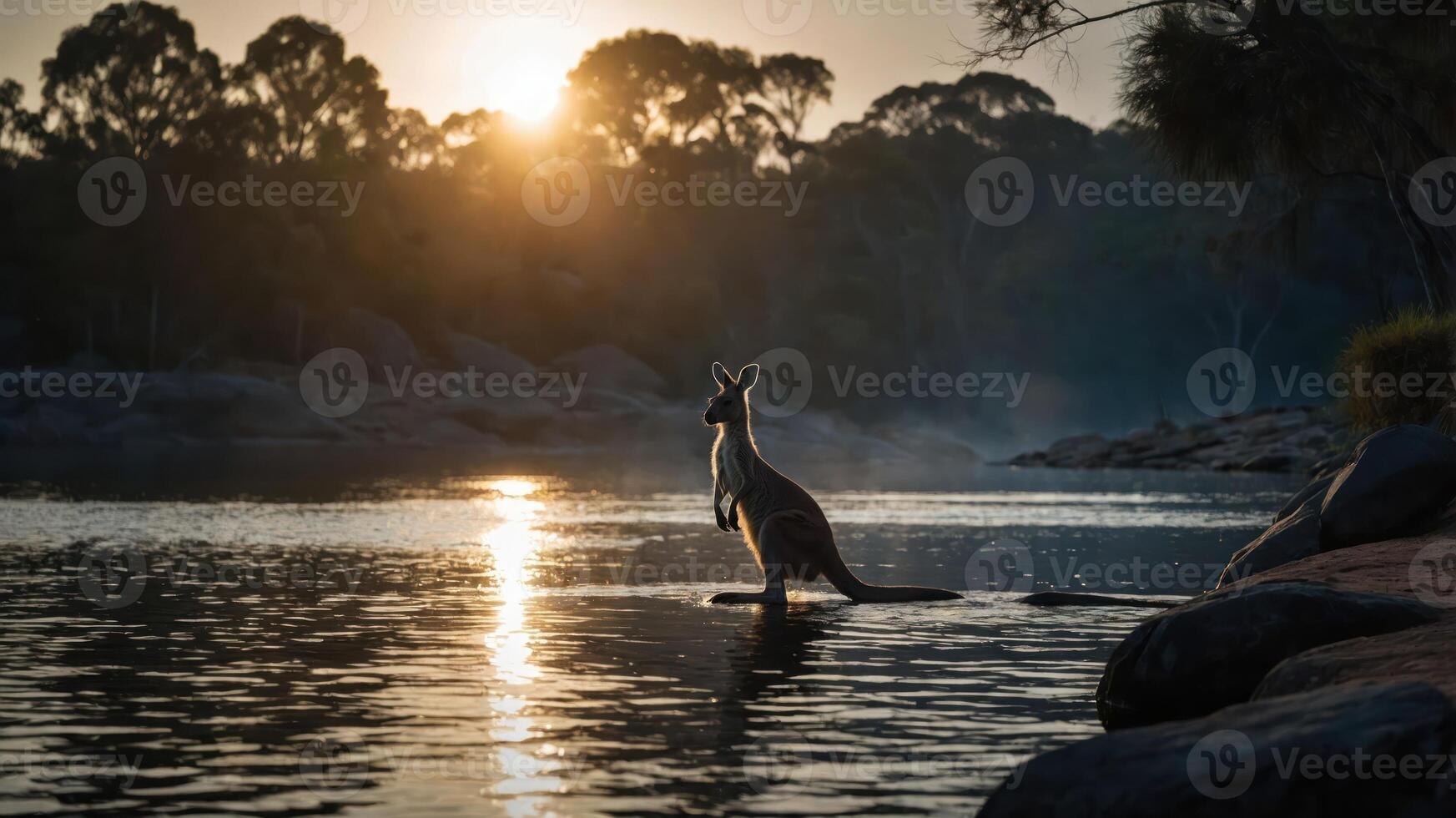 A kangaroo stands by a river at sunset, creating a serene and picturesque scene. photo