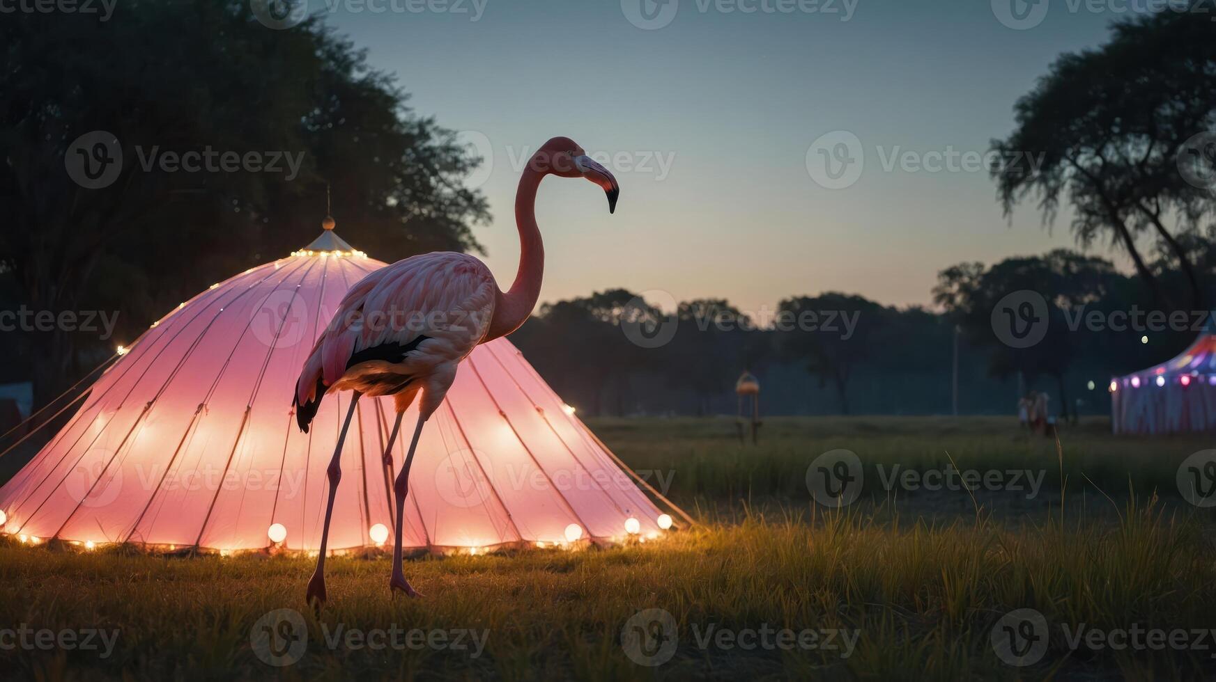 A flamingo stands near a glowing tent at dusk, creating a whimsical outdoor scene. photo
