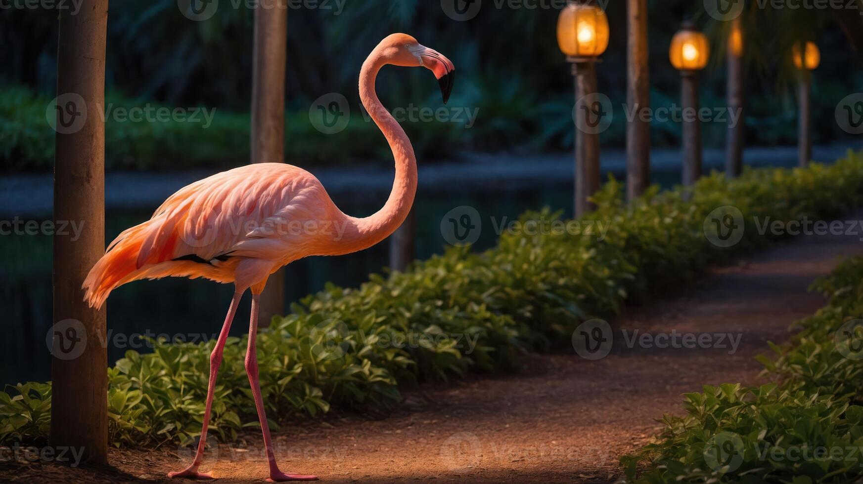 A flamingo walking along a lit path beside a serene waterway in a lush environment. photo
