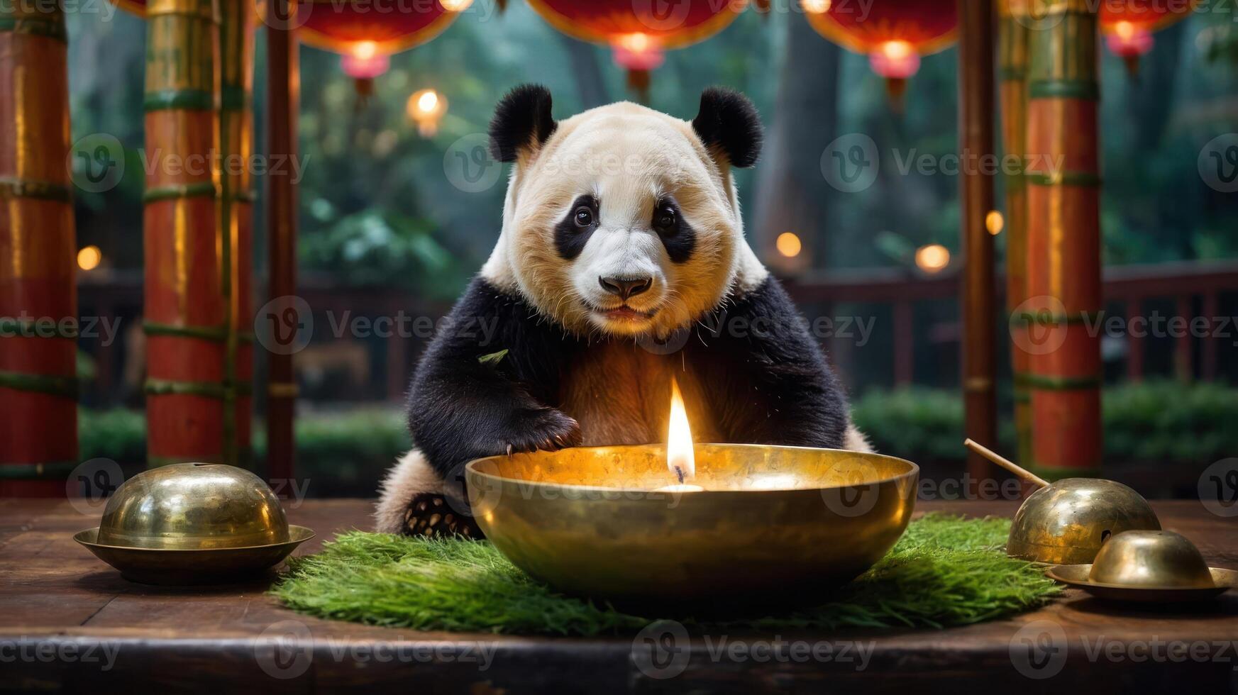 A panda sits at a table with a glowing bowl, surrounded by a serene environment. photo