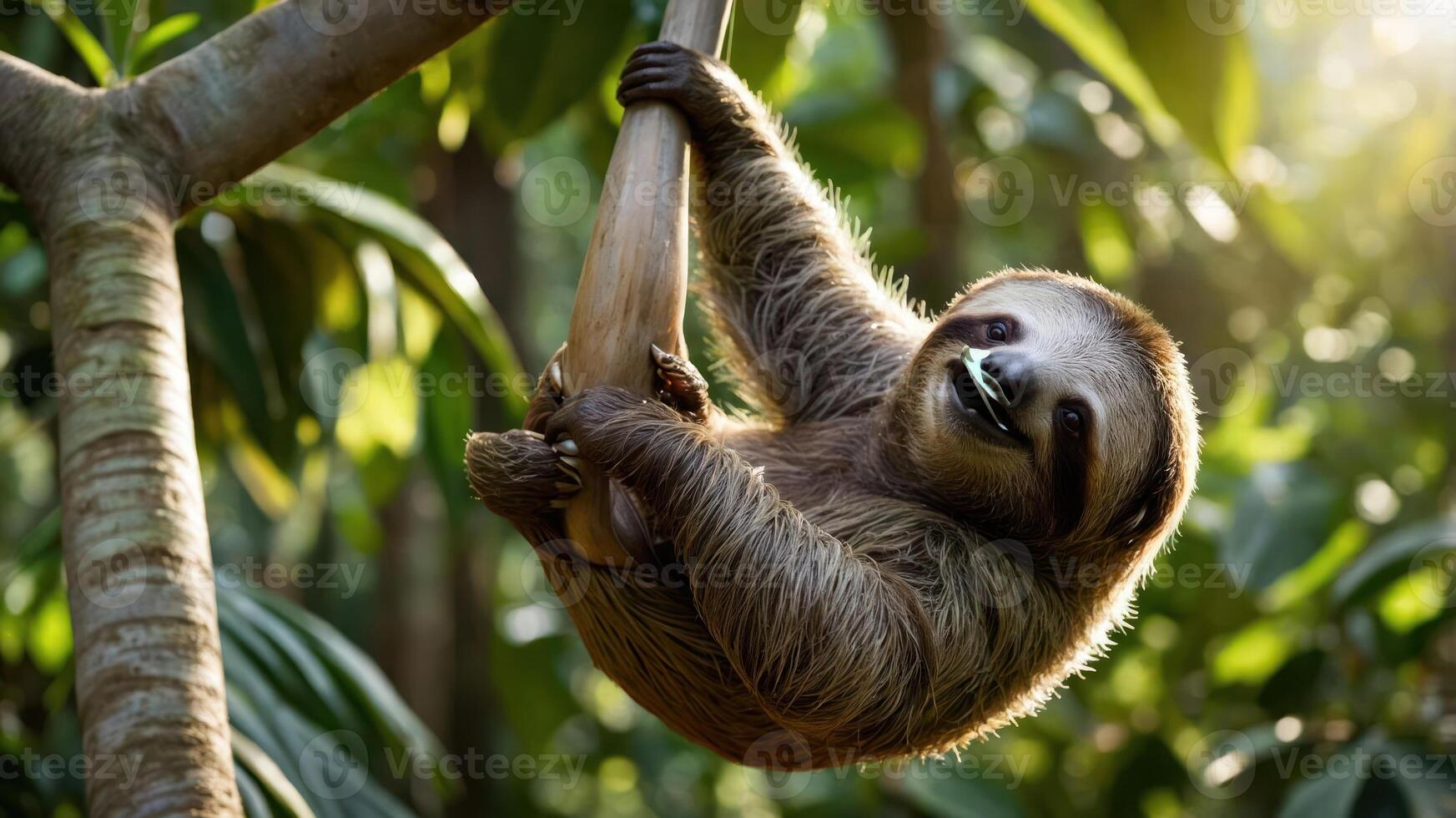A sloth hanging from a tree branch in a lush, green environment. photo