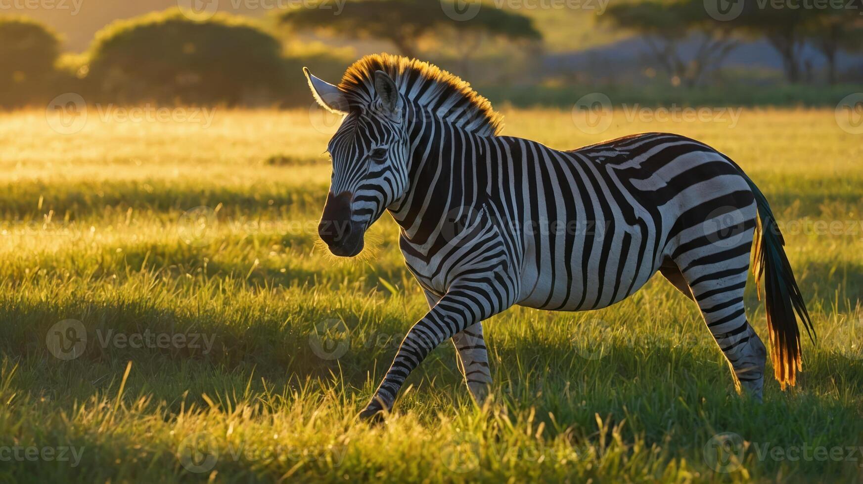 A zebra walks through a sunlit grassy field during golden hour. photo