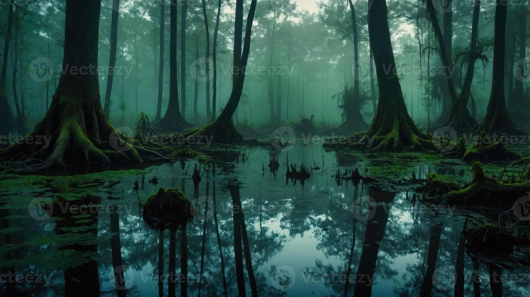 A serene, misty swamp with towering trees and reflective water creating a tranquil atmosphere. photo
