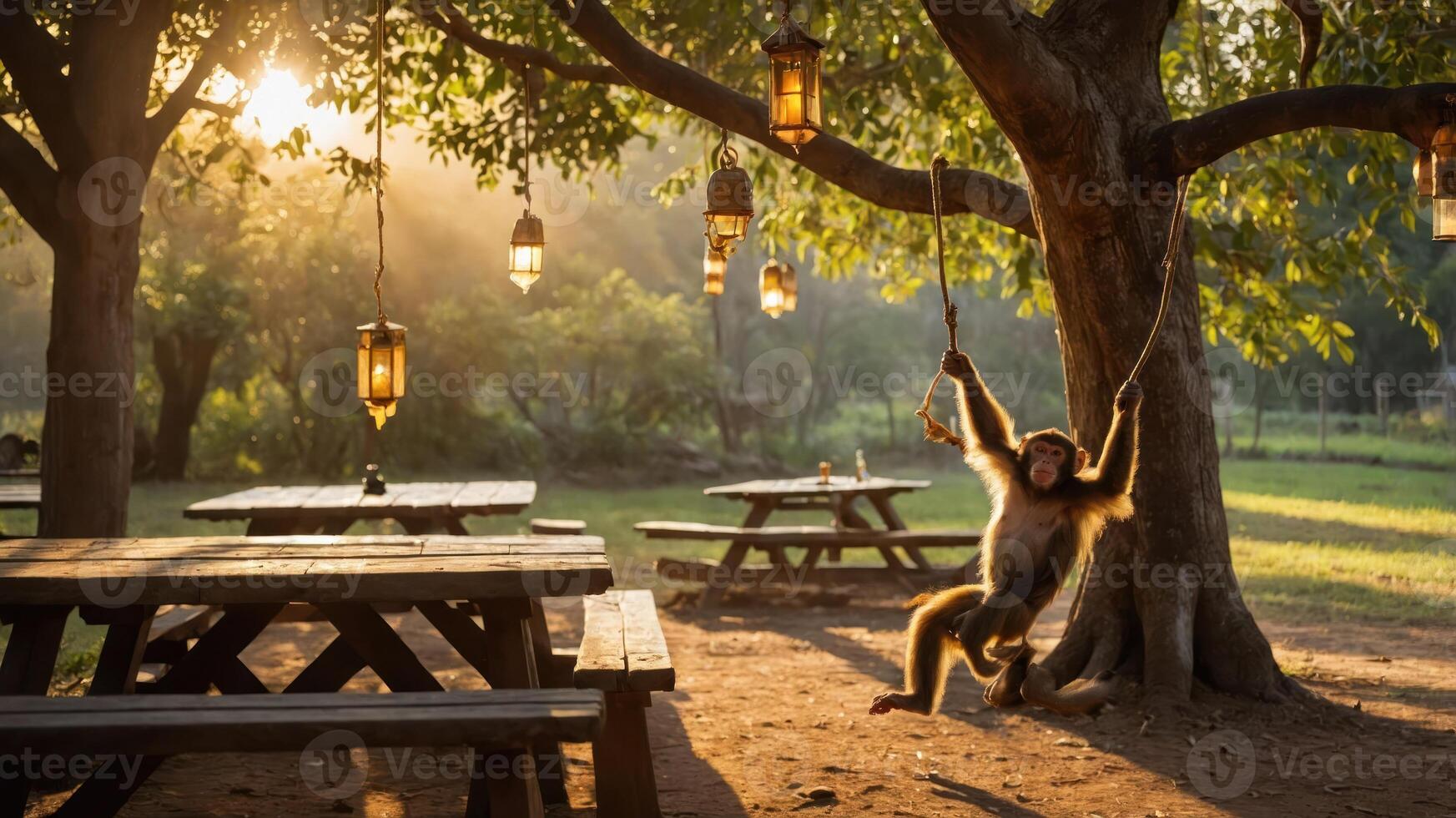 A playful monkey swings from a tree in a serene outdoor setting with lanterns and picnic tables. photo
