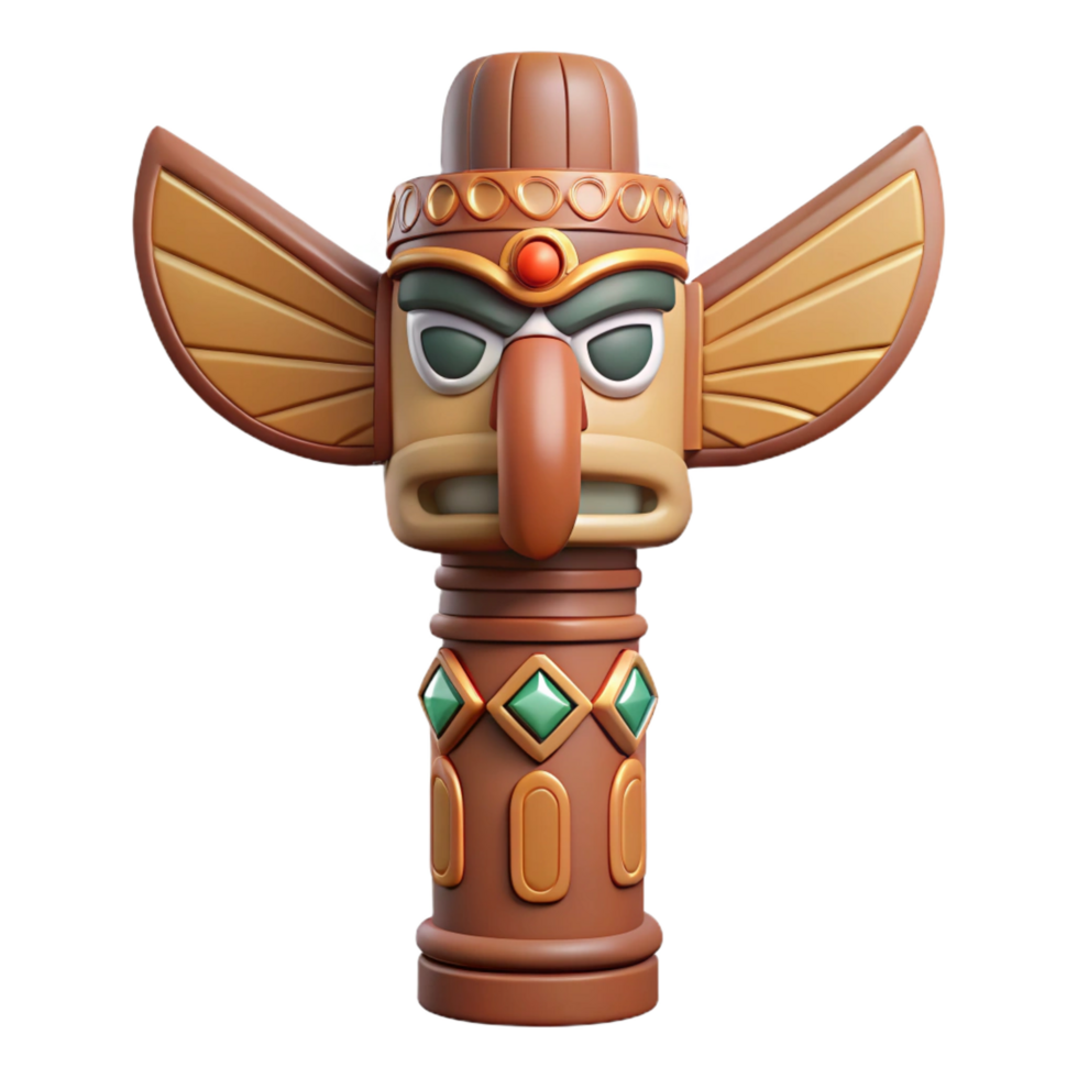 exquisite joyful mid-century A totem pole with intricate carvings. NO BACKGROUND with Transparent Background. crisp png